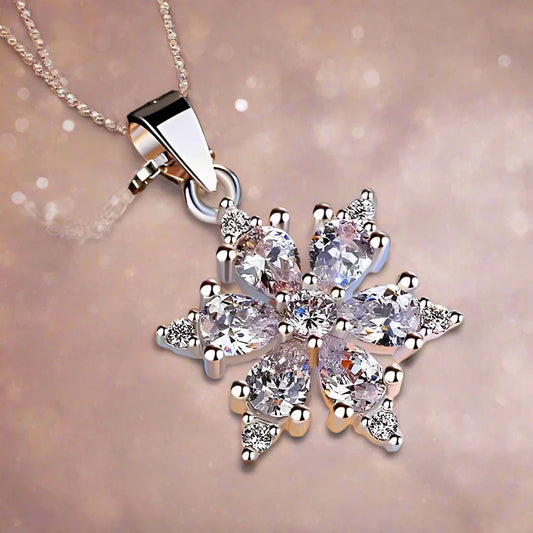 Clear Cubic Zirconia Snowflake Necklace - 925 Sterling Silver Chain for Women