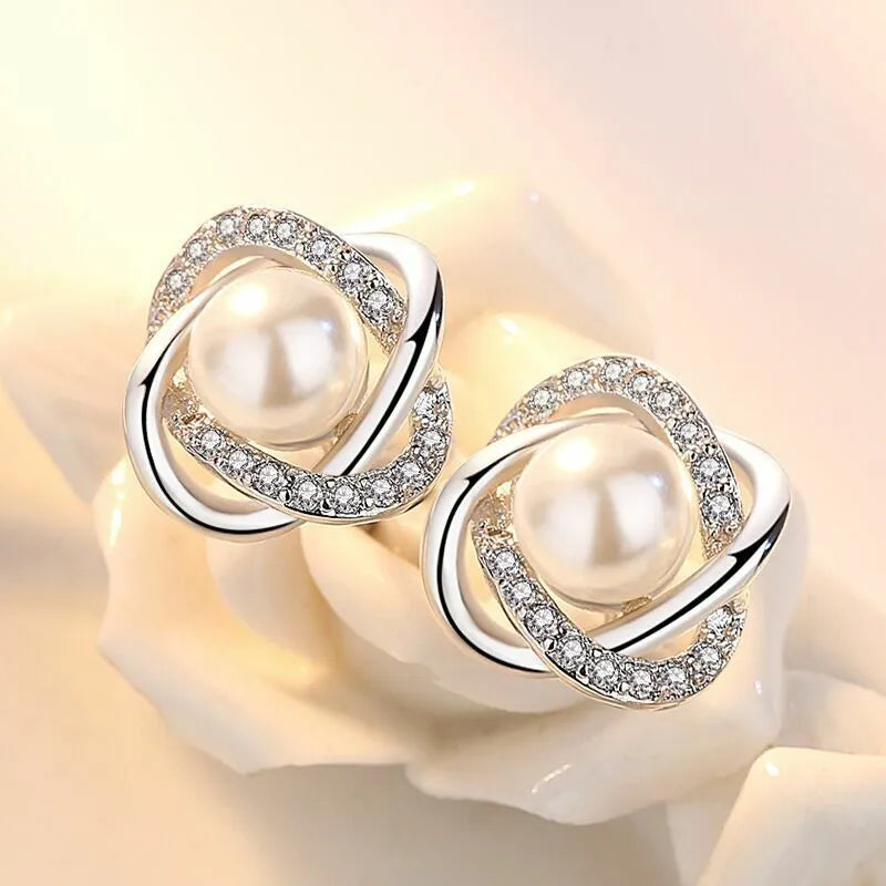 Crystal Pearl Twist Stud Earring | 925 Sterling Silver Freshwater Pearl Earring Bridal Party Gift