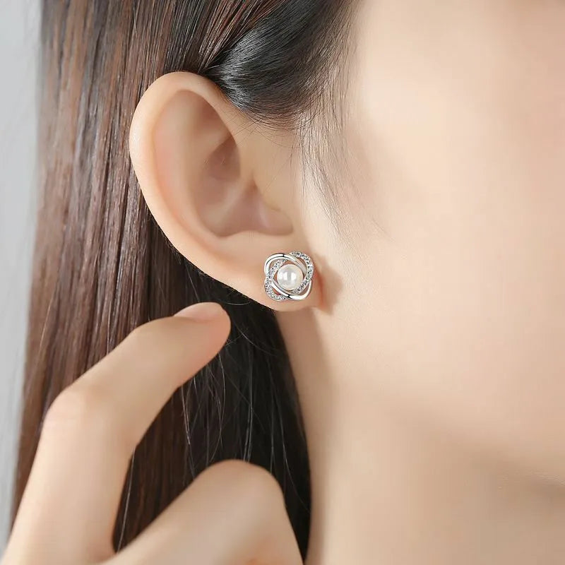 Crystal Pearl Twist Stud Earring | 925 Sterling Silver Freshwater Pearl Earring Bridal Party Gift