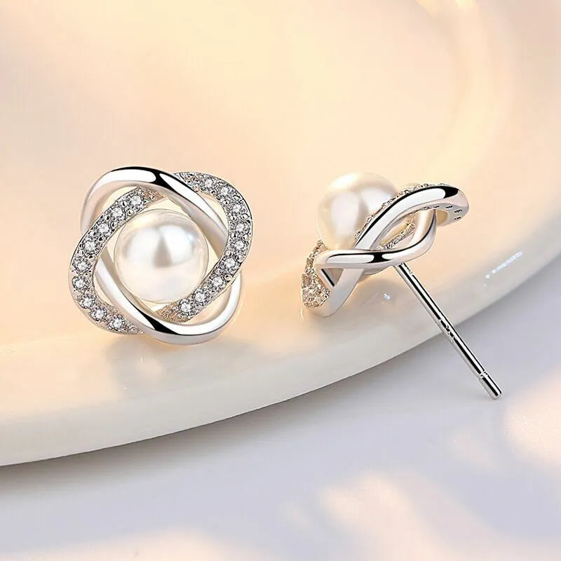 Crystal Pearl Twist Stud Earring | 925 Sterling Silver Freshwater Pearl Earring Bridal Party Gift