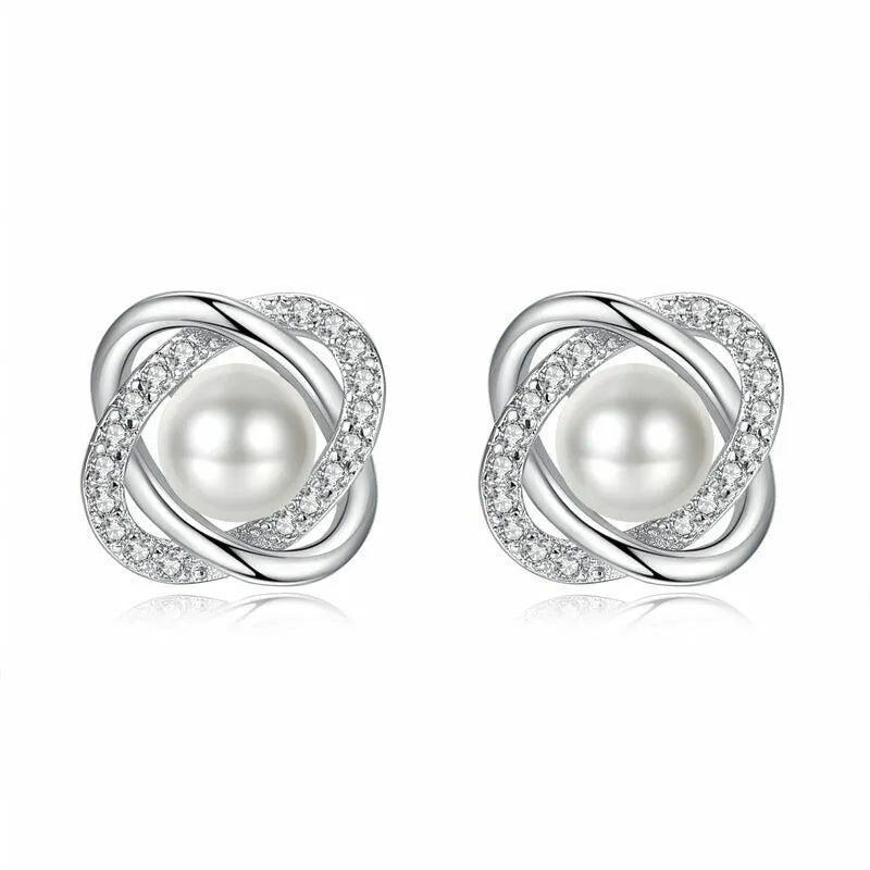 Crystal Pearl Twist Stud Earring | 925 Sterling Silver Freshwater Pearl Earring Bridal Party Gift