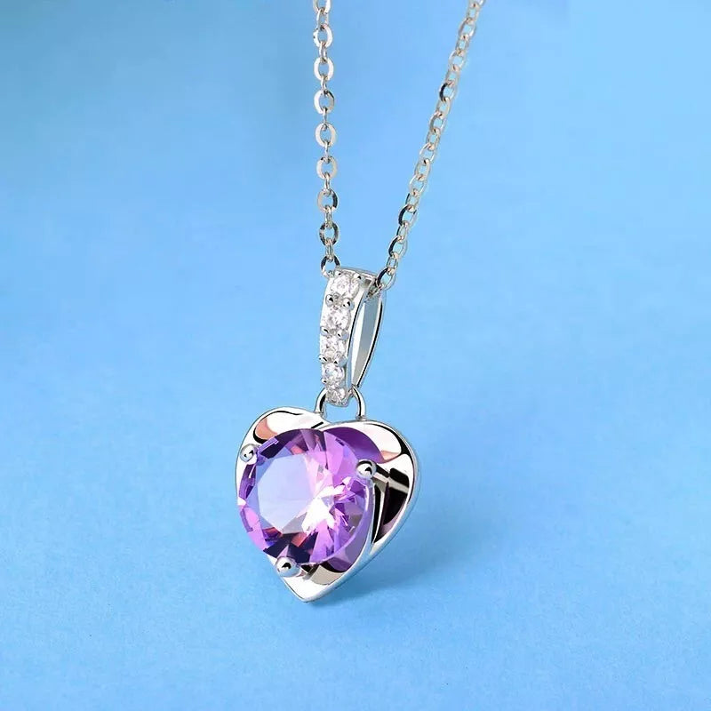 Crystal Purple Heart Pendant - 925 Sterling Silver Necklace