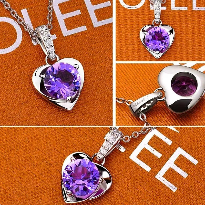 Crystal Purple Heart Pendant - 925 Sterling Silver Necklace