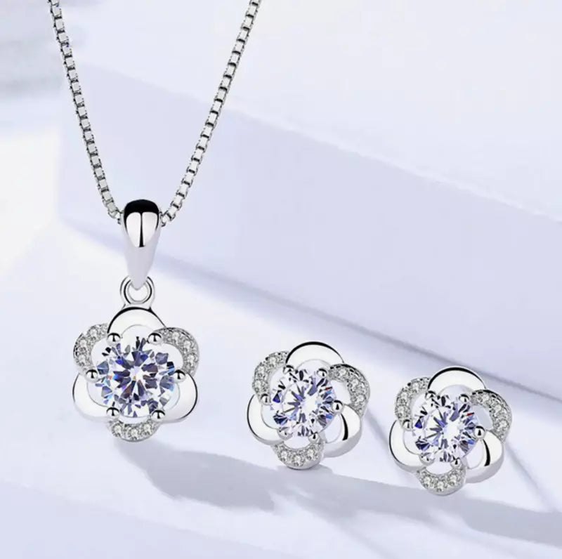 Crystal Swirl Necklace and 925 Sterling Silver Stud Earrings Set