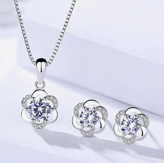 Crystal Swirl Necklace and 925 Sterling Silver Stud Earrings Set
