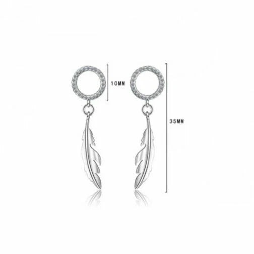 Crystal Feather Drop Stud Earrings – 925 Sterling Silver, 35mm, Hallmarked, Gift Pouch
