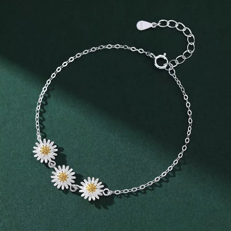 925 Sterling Silver Flower Charm Bracelet for Women & Girls – Delicate Link Design, Gift Pouch Included