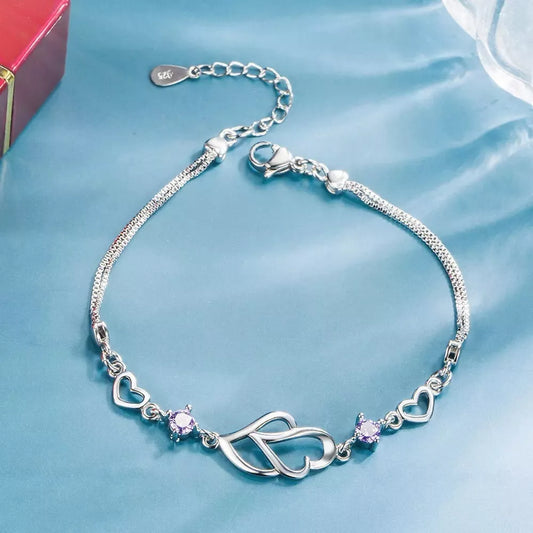 Crystal Heart Leaf Bead Bracelet - 925 Sterling Silver Women's Jewelry Gift