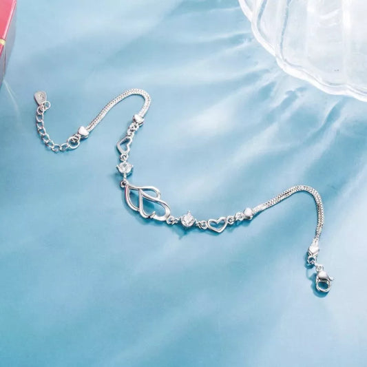 Crystal Heart Leaf Bead Bracelet - 925 Sterling Silver Women's Jewelry Gift