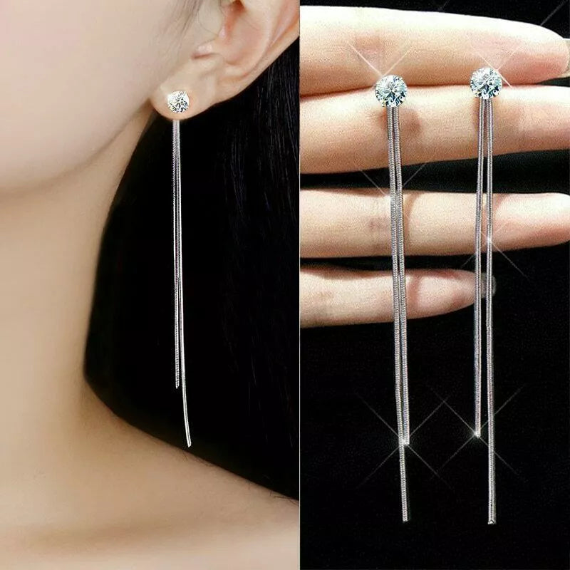 Elegant Crystal Tassel Drop Earrings – 925 Sterling Silver Filled, Fashion Jewelry for Women