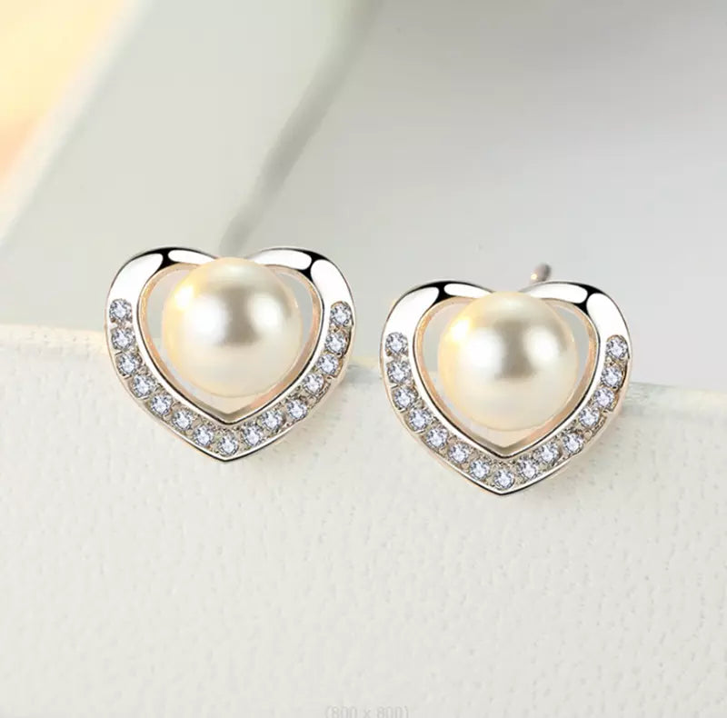 925 Sterling Silver Crystal Heart Pearl Stud Earrings
