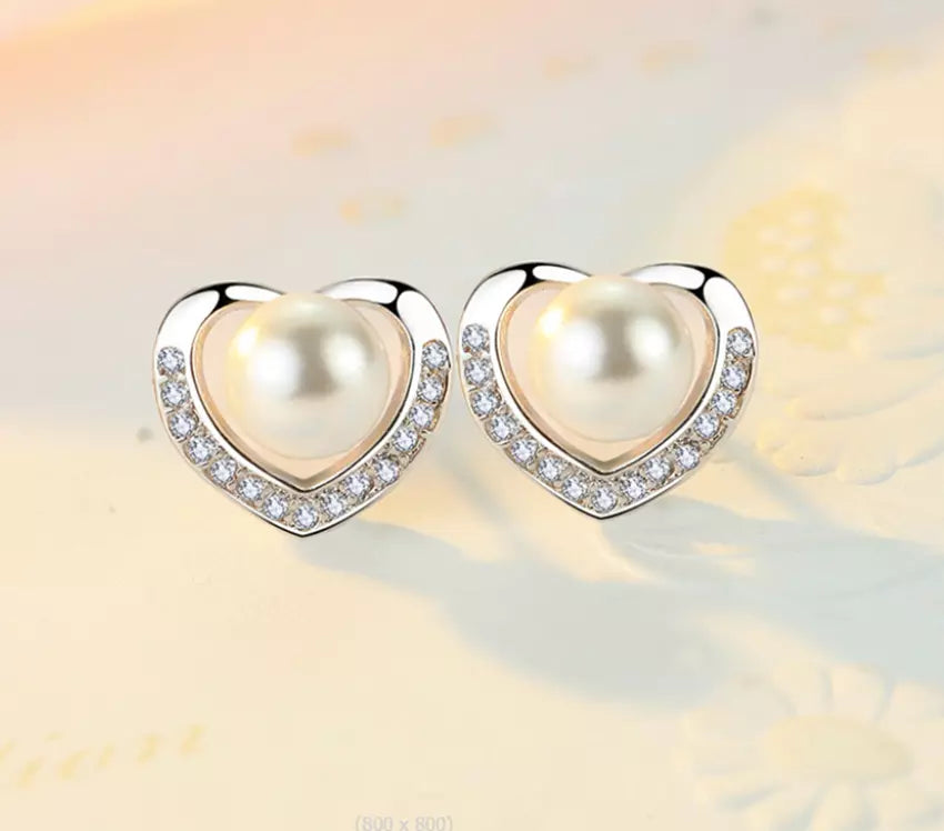 925 Sterling Silver Crystal Heart Pearl Stud Earrings