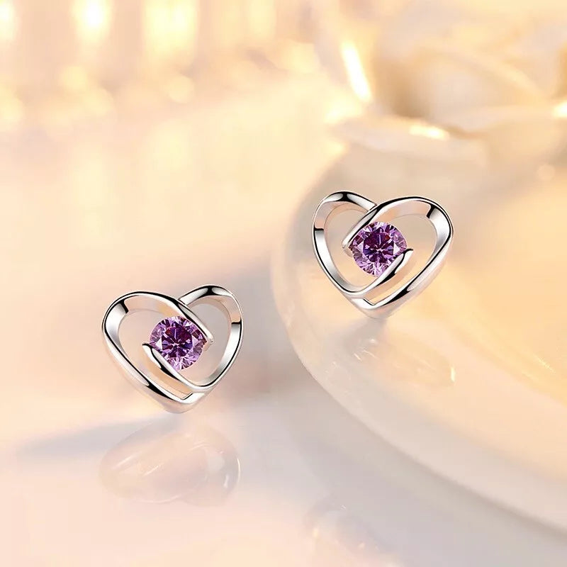 925 Sterling Silver Heart Swirl Stone Stud Earrings