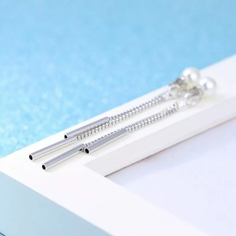 925 Sterling Silver Long Chain Pearl Dangle Tassel Drop Earrings