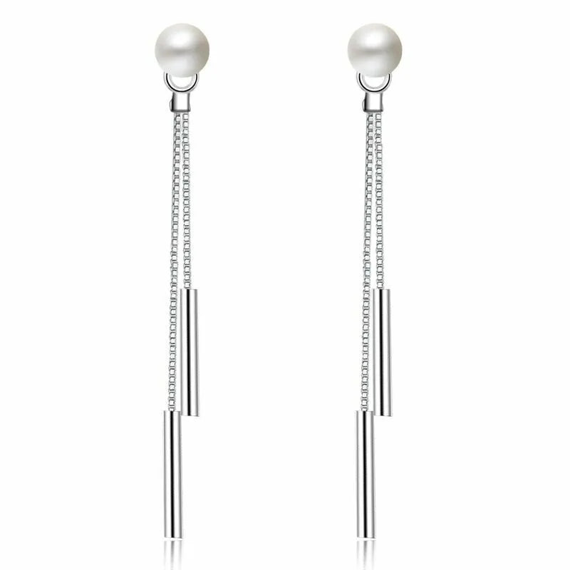 925 Sterling Silver Long Chain Pearl Dangle Tassel Drop Earrings