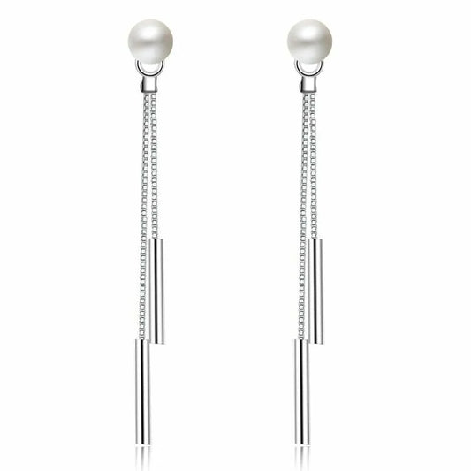 925 Sterling Silver Long Chain Pearl Dangle Tassel Drop Earrings
