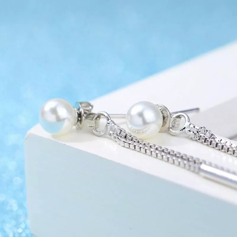 925 Sterling Silver Long Chain Pearl Dangle Tassel Drop Earrings
