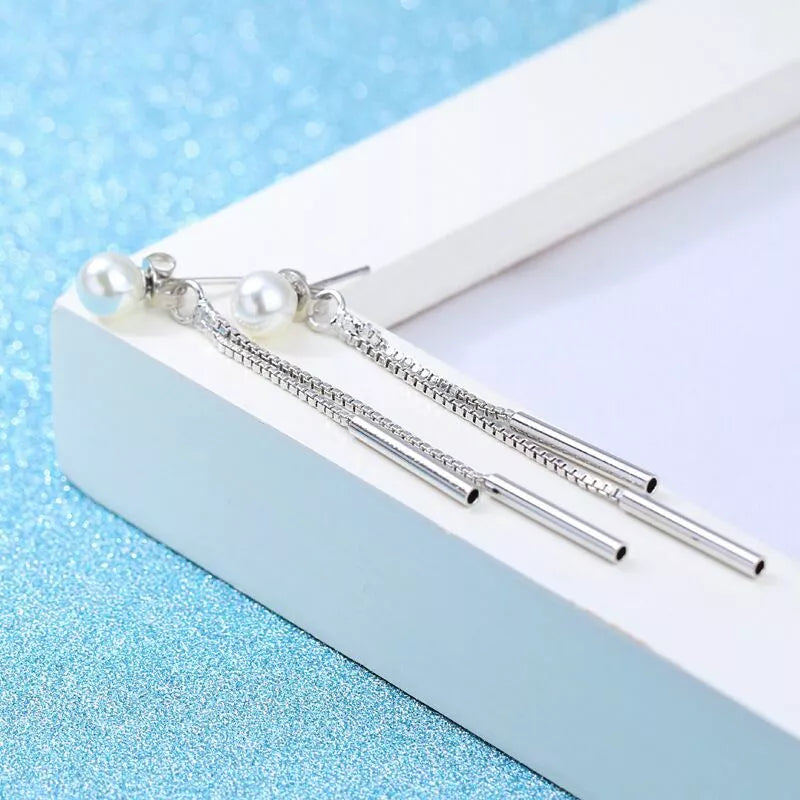 925 Sterling Silver Long Chain Pearl Dangle Tassel Drop Earrings