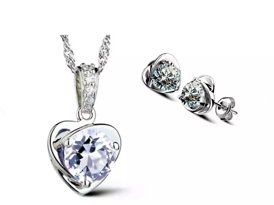 Sterling Silver Purple Heart Stud Earrings and Necklace Chain Set