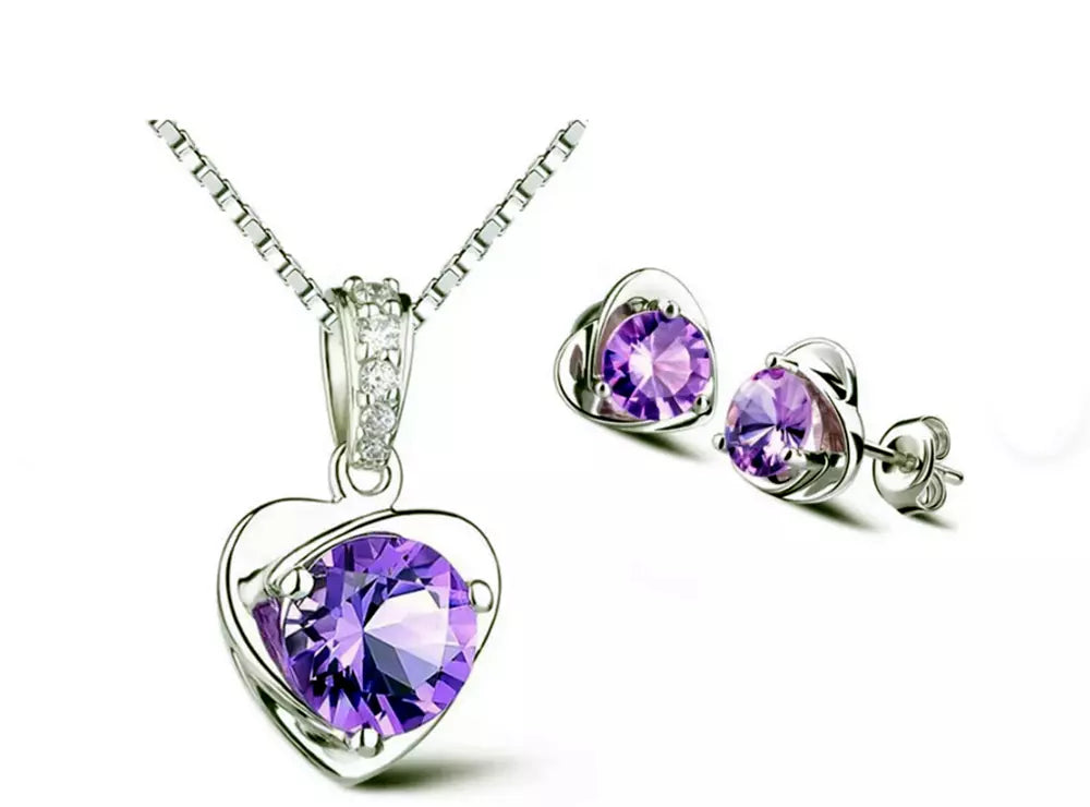 Sterling Silver Purple Heart Stud Earrings and Necklace Chain Set