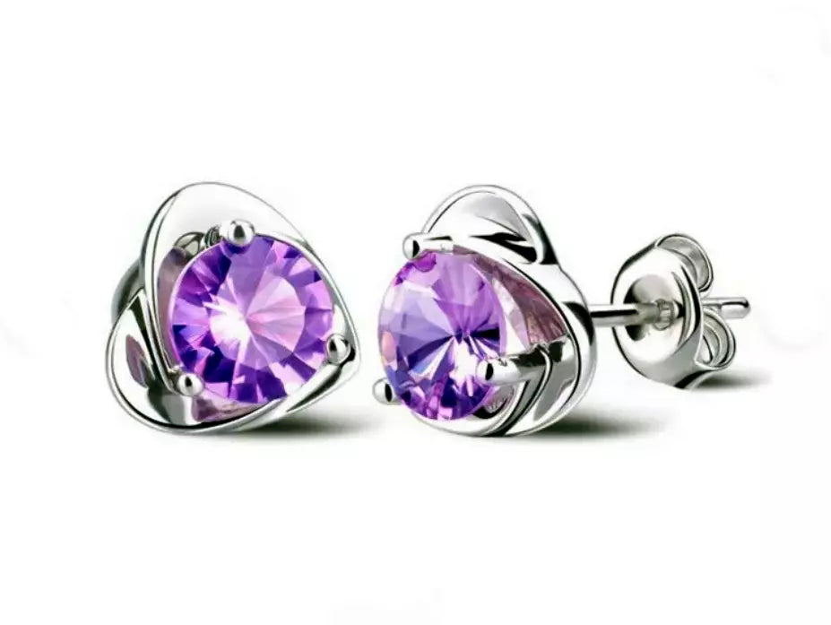 Sterling Silver Purple Heart Stud Earrings and Necklace Chain Set