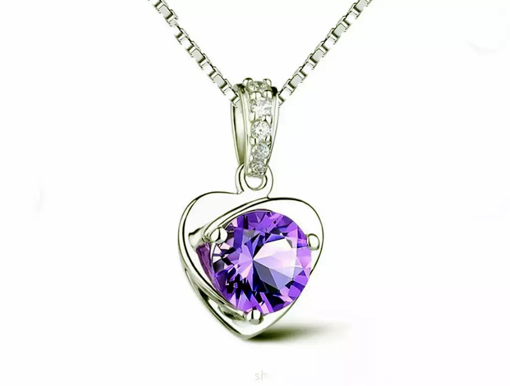 Sterling Silver Purple Heart Stud Earrings and Necklace Chain Set