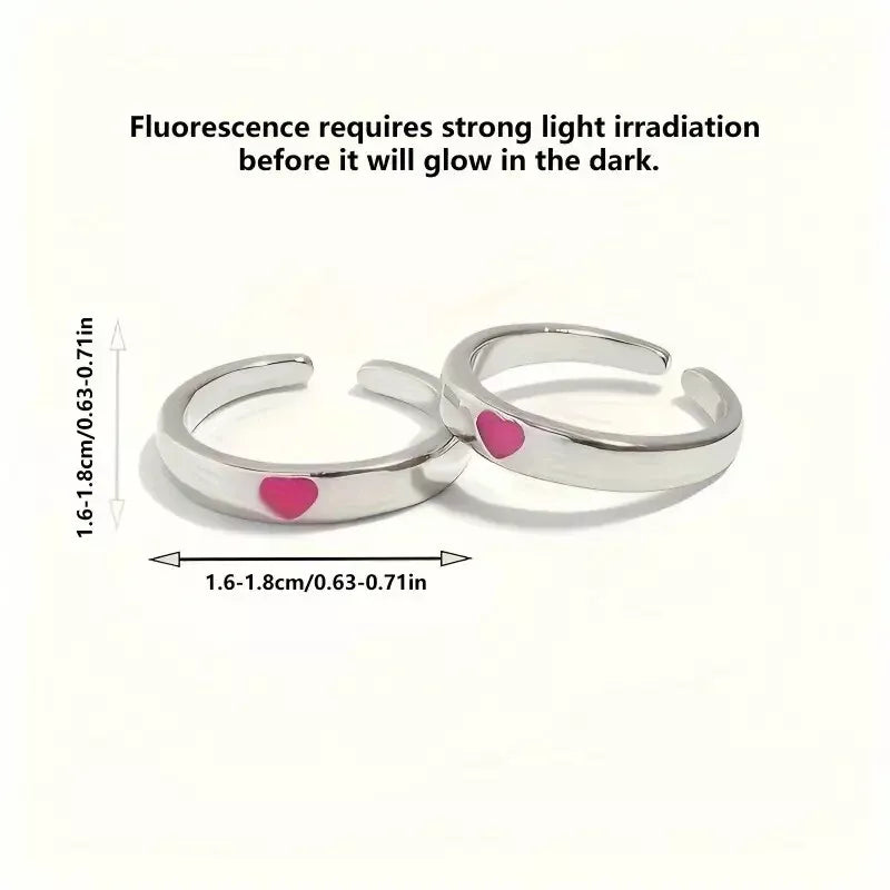 Glow in the Dark Couple Rings – Luminous Heart Matching Set, Adjustable Rings