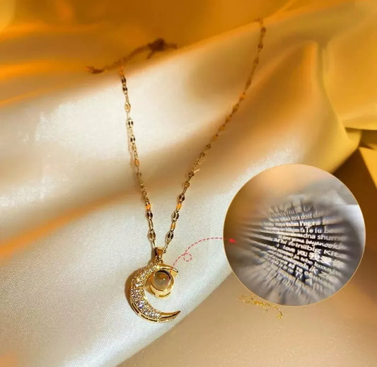 Gold Moon Projection Pendant Necklace  “I Love You” in 100 Languages  Rhinestone & Stainless Steel Jewelry Gift for Women