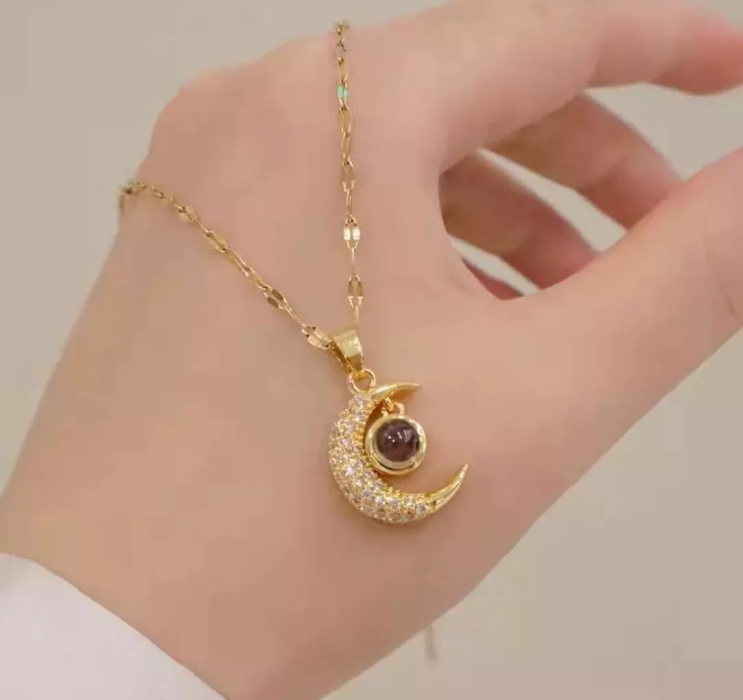Gold Moon Projection Pendant Necklace “I Love You” in 100 Languages Rhinestone & Stainless Steel Jewelry Gift for Women