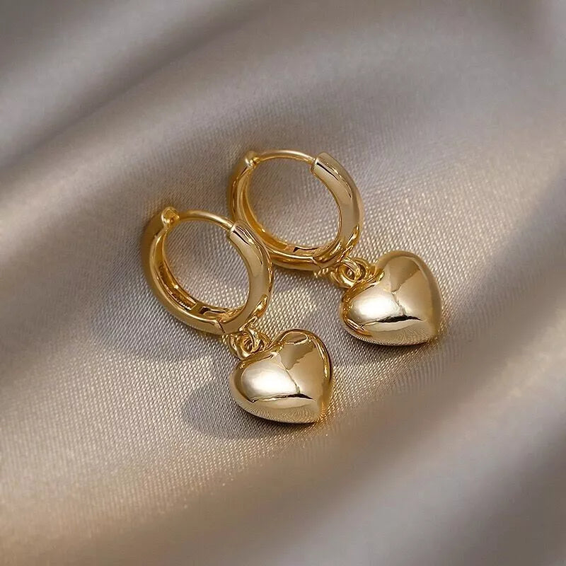 Gold Heart Charm Drop Hoop Earrings – Dangle Style for Women & Girls UK Jewellery Gift 2.2cm
