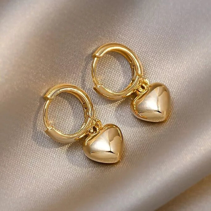 Gold Heart Charm Drop Hoop Earrings – Dangle Style for Women & Girls UK Jewellery Gift 2.2cm