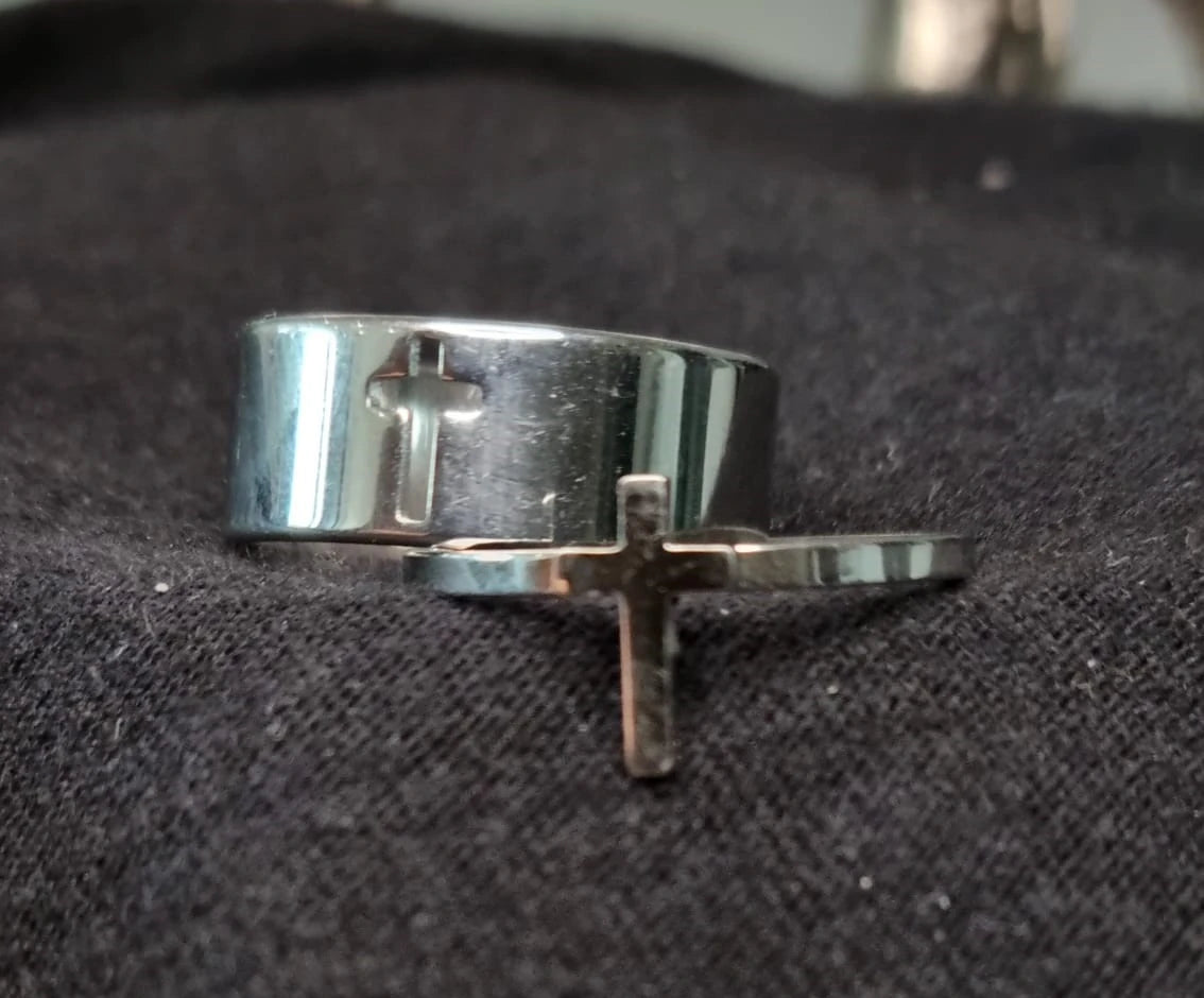 Religious Couple Rings Set | Adjustable Cross Ring | Silver Sideway Cross Promise Ring