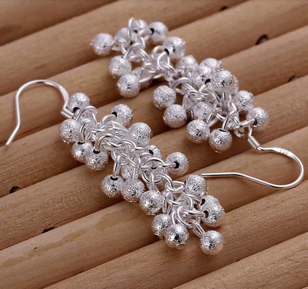 silver Grapes Dangle Cluster Earrings