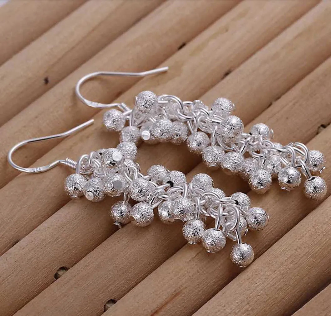 silver Grapes Dangle Cluster Earrings