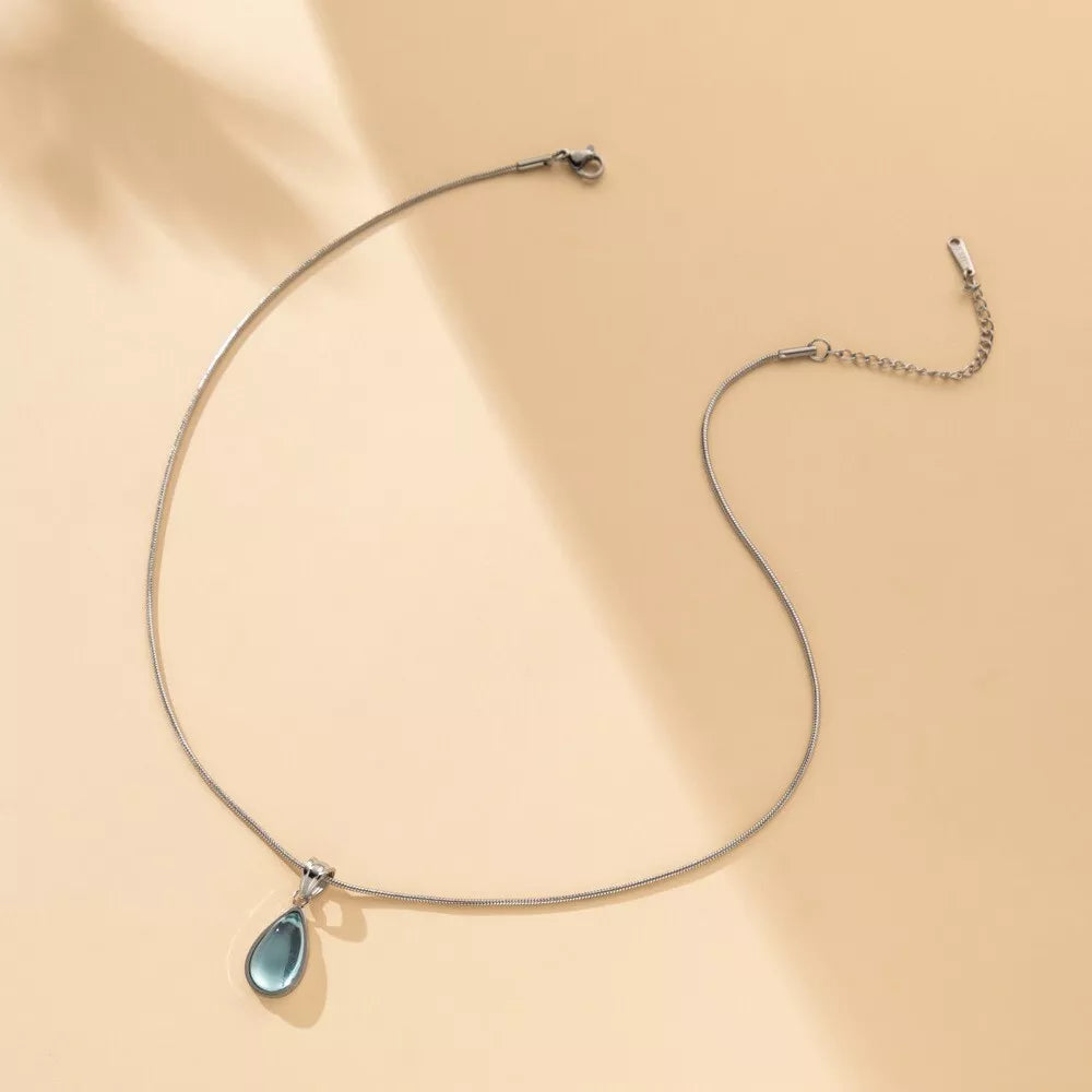 Elegant Green and Blue Teardrop Pendant Necklace | Simple & Stylish Titanium Steel Jewelry Gift