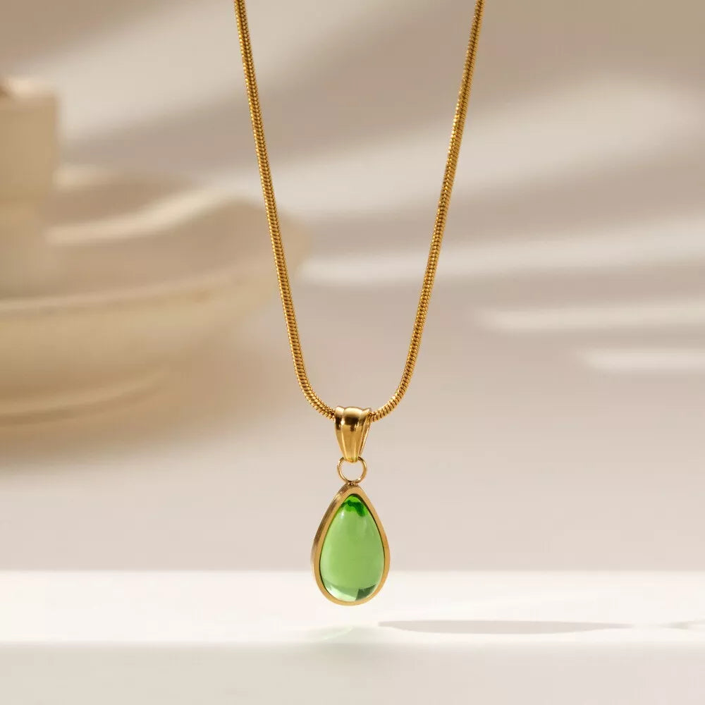 Elegant Green and Blue Teardrop Pendant Necklace | Simple & Stylish Titanium Steel Jewelry Gift