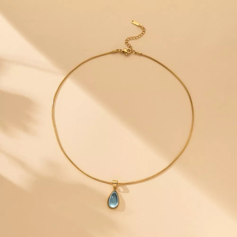 Elegant Green and Blue Teardrop Pendant Necklace | Simple & Stylish Titanium Steel Jewelry Gift