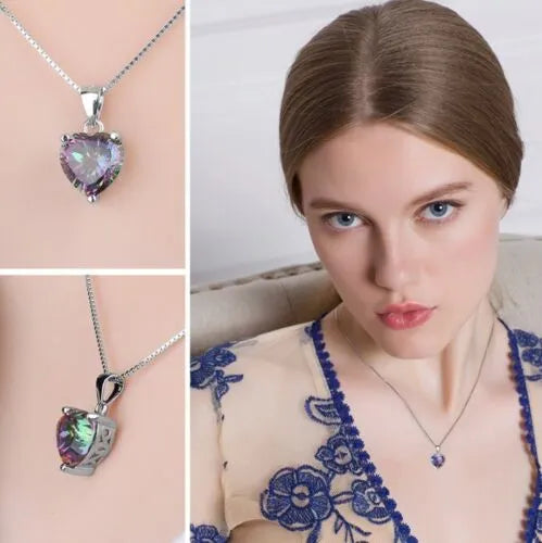 Heart Crystal Pendant Rainbow Necklace and Earrings Set