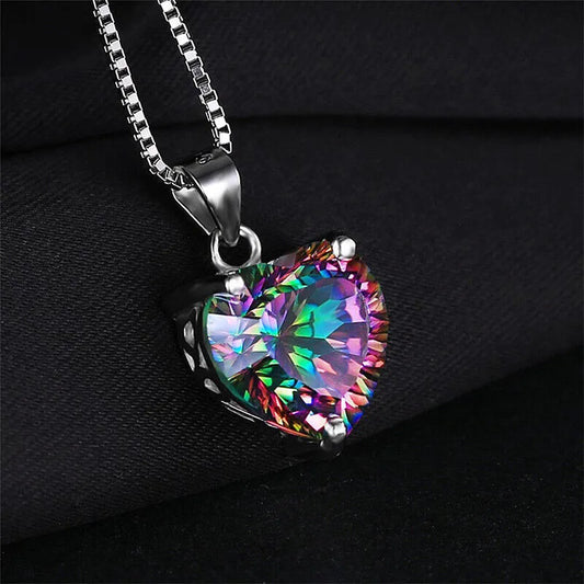 Heart Crystal Pendant Rainbow Necklace and Earrings Set