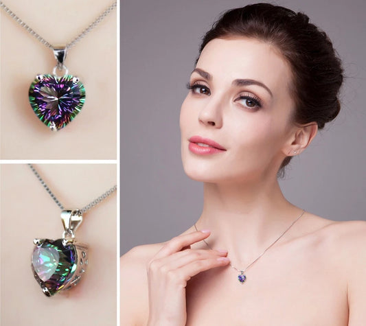 Heart Crystal Pendant Rainbow Necklace and Earrings Set