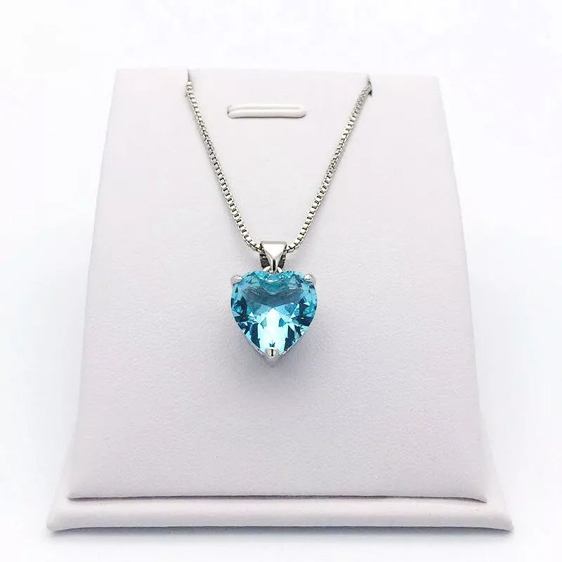 Heart Aqua Ocean Pendant Necklace in 925 Sterling Silver