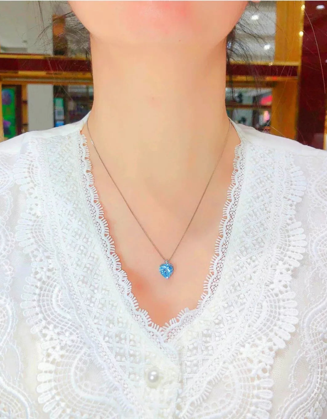 Heart Aqua Ocean Pendant Necklace in 925 Sterling Silver