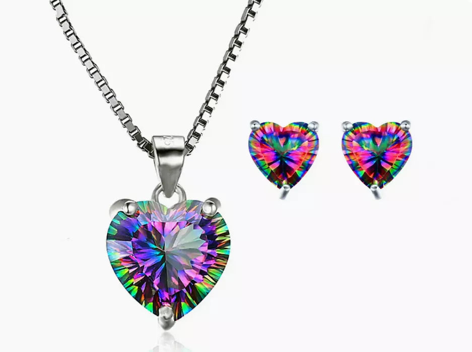 Heart Crystal Pendant Rainbow Necklace and Earrings Set