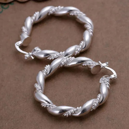 Large Twisted Rope Hoop Earrings | Sterling Silver Twisted Earrings For Women