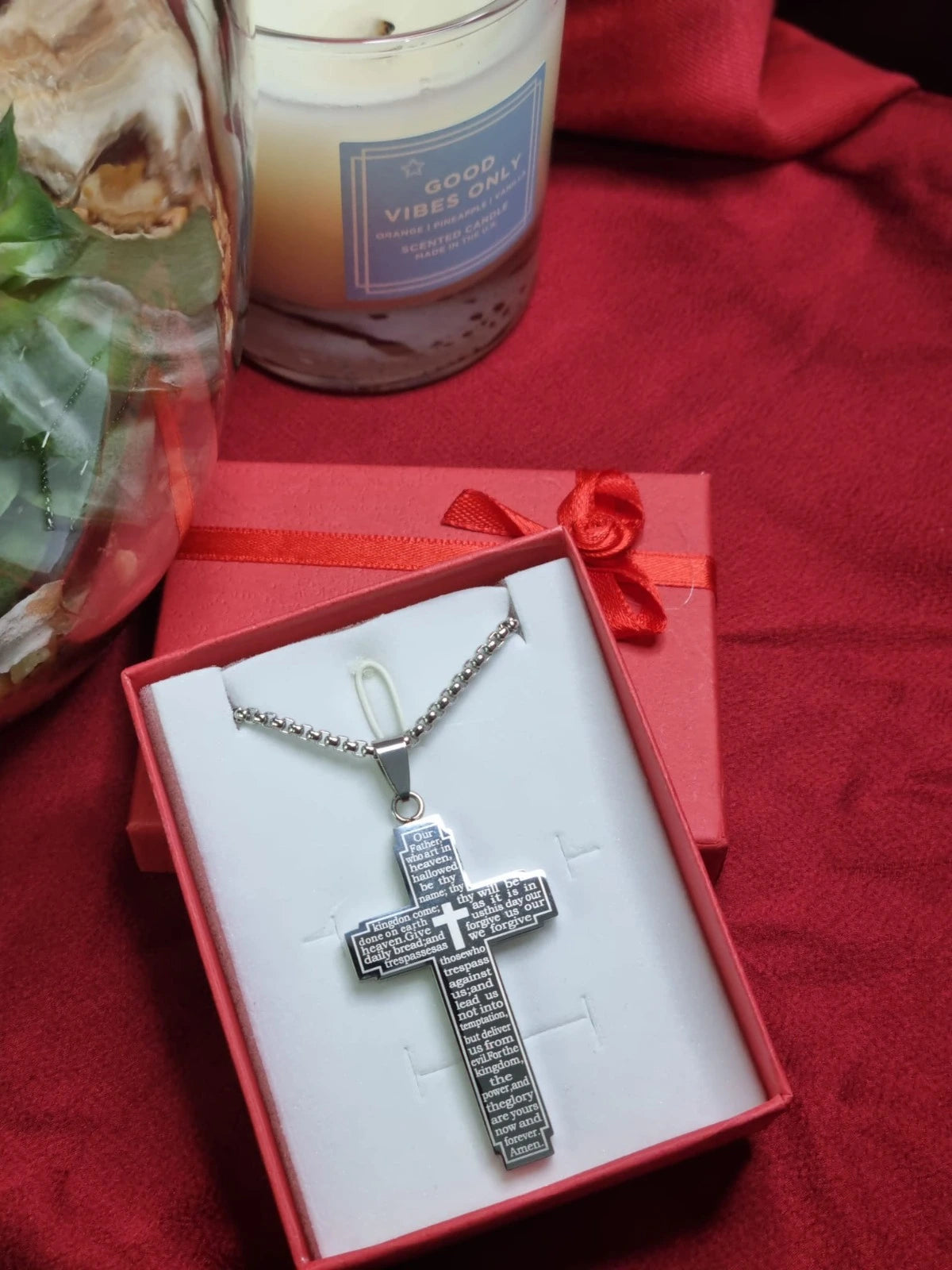 Lords Prayer Cross Necklace | Our Father Cross Chain Necklace | Christian Bible Verse Necklace