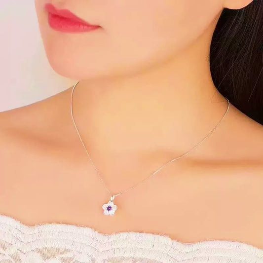 Purple Flower Necklace Styled on Woman for Casual Look