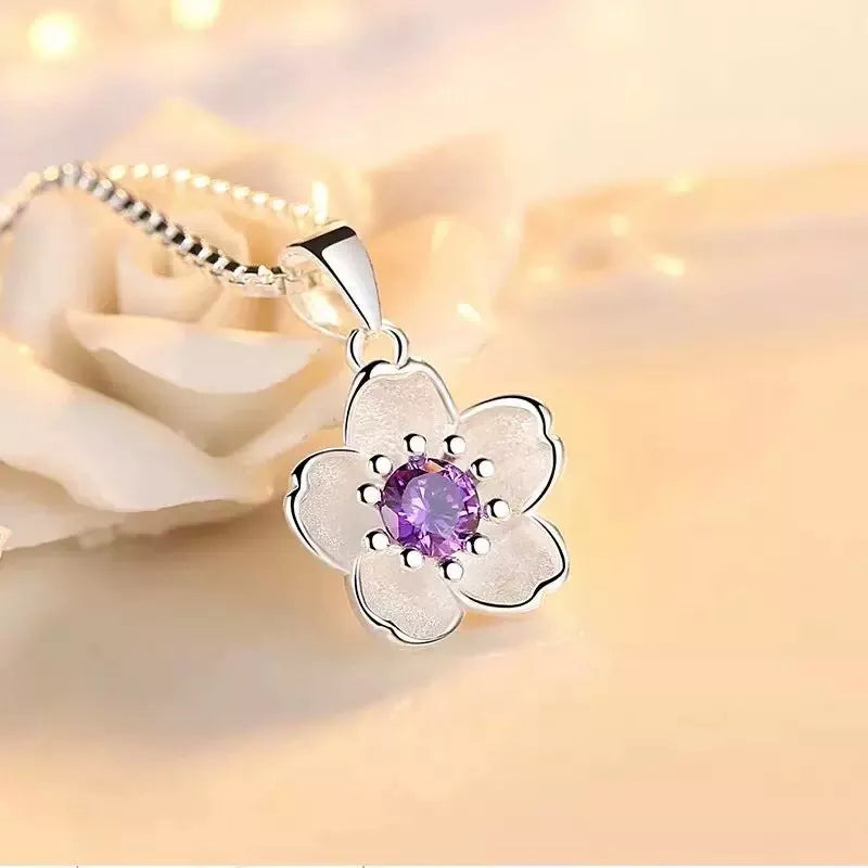 Lovely Purple Flower Pendant Necklace in 925 Sterling Silver