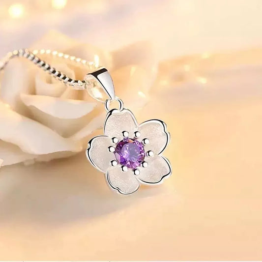 Lovely Purple Flower Pendant Necklace in 925 Sterling Silver