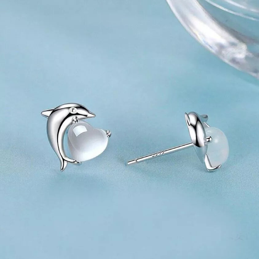 925 Sterling Silver Dolphin Heart Moonstone Stud Earrings – Women's Jewellery Gift, 9mm