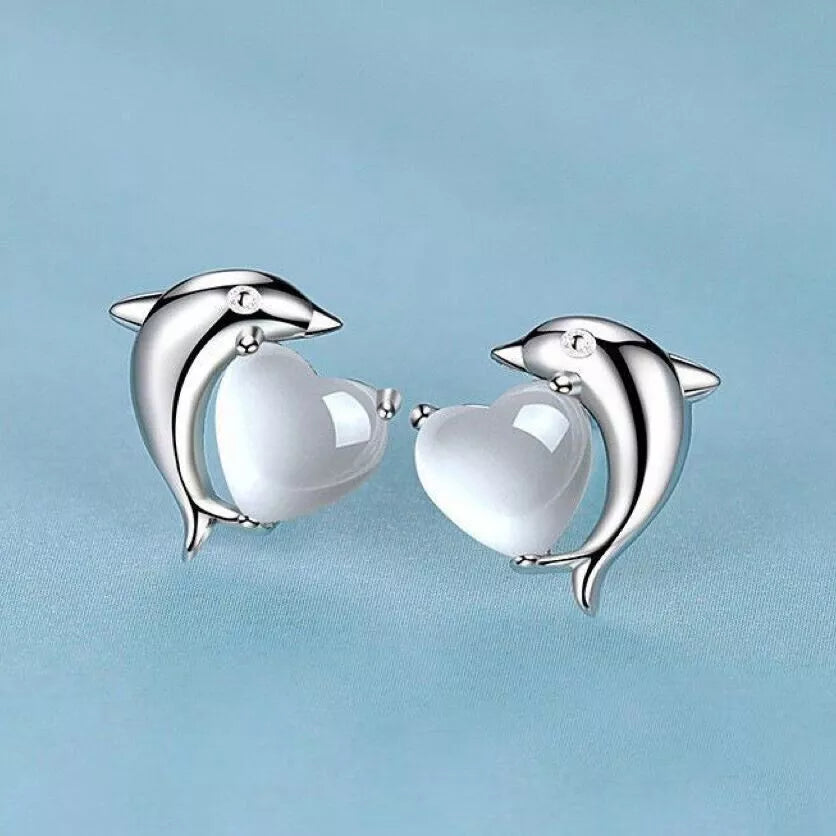 925 Sterling Silver Dolphin Heart Moonstone Stud Earrings – Women's Jewellery Gift, 9mm